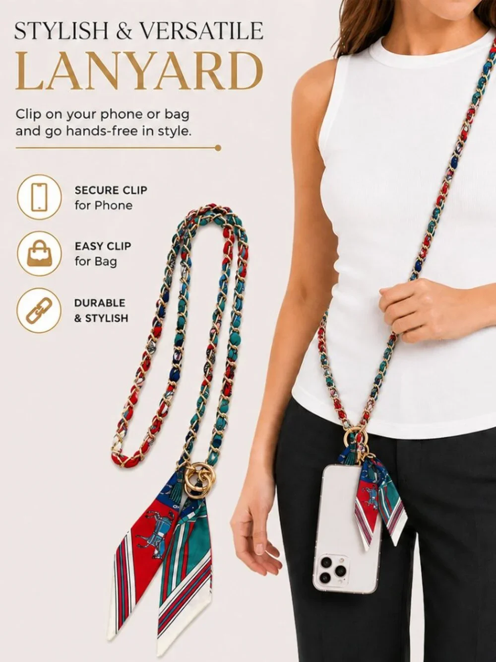 Ribbon Chain Phone Crossbody Lanyard with clear Tether Patch